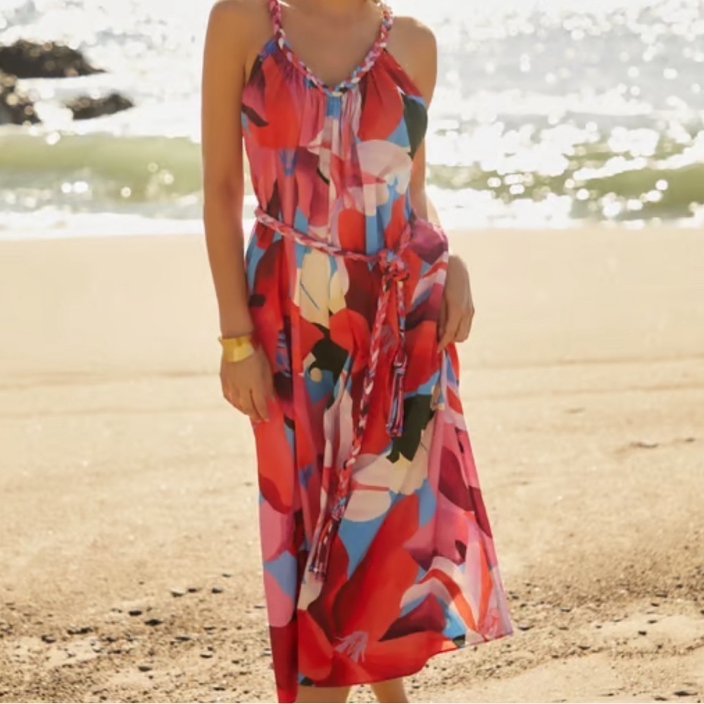 Farm Rio Watercolor Floral Cotton Tie-Waist Midi-Dress - Picture 2 of 6
